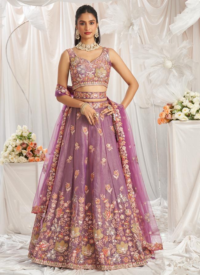 Organza Lavender Wedding Wear Sequins Work Lehenga Choli